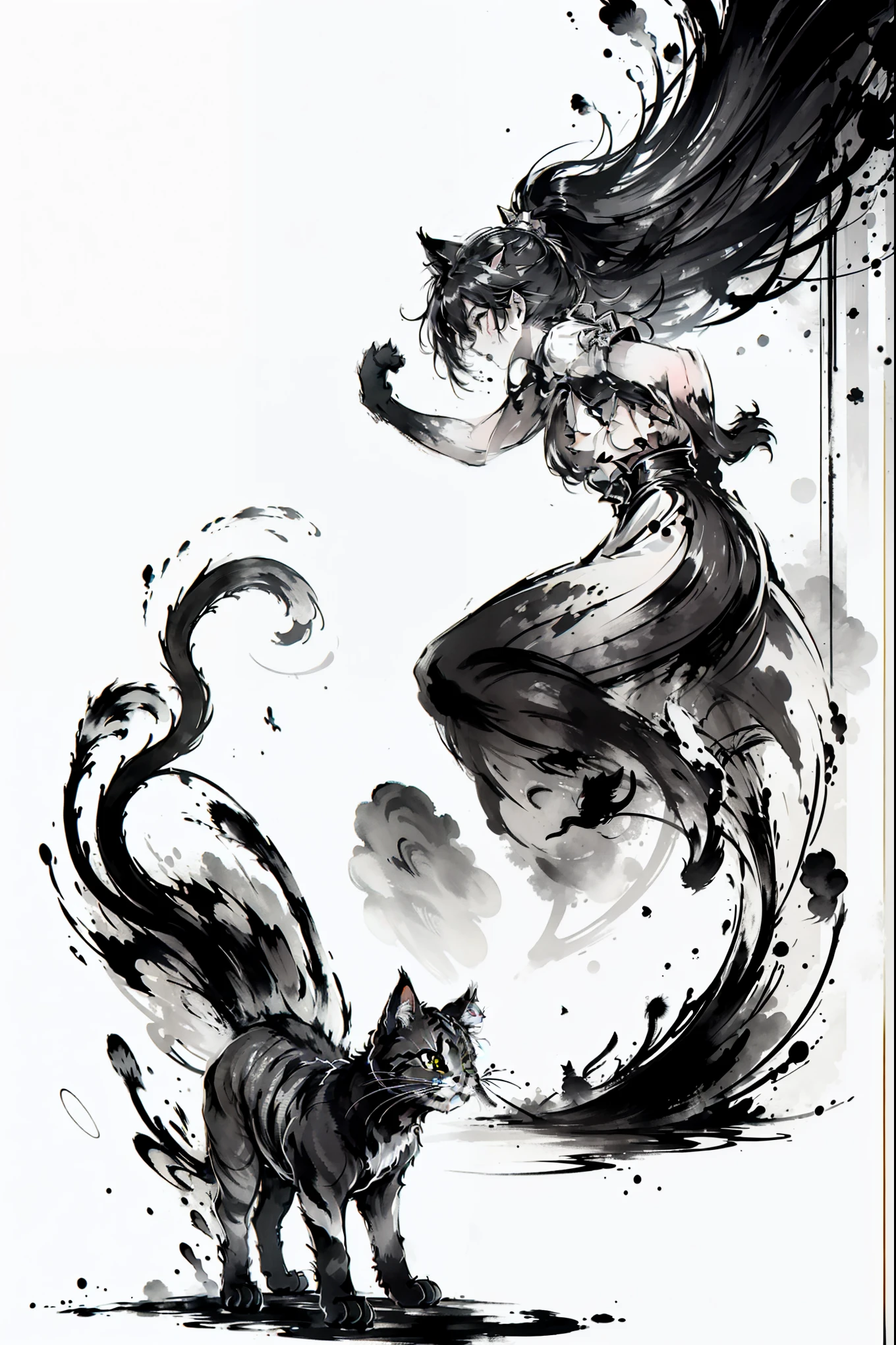 (8k, RAW Photos, 最high quality, masterpiece: 1.2), Black and White, Monochrome artwork, Ink Painting, (((1 girl and 1 cat))), Straight Long Hair, China dress, Vibrant, female curvy beauty, (With a cat:1.2), Expressing a sense of speed with ink splashes, (((Aggressive cat action:1.2, Kitten on the move:1.2, Front view))), high quality, (((Ink Painting))),