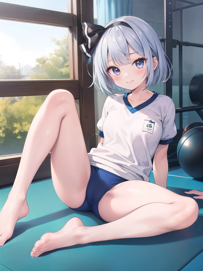 (((((whole body)))))、Youmu, Very cute white gym uniform 、smile、Leg spread、No shoes、、