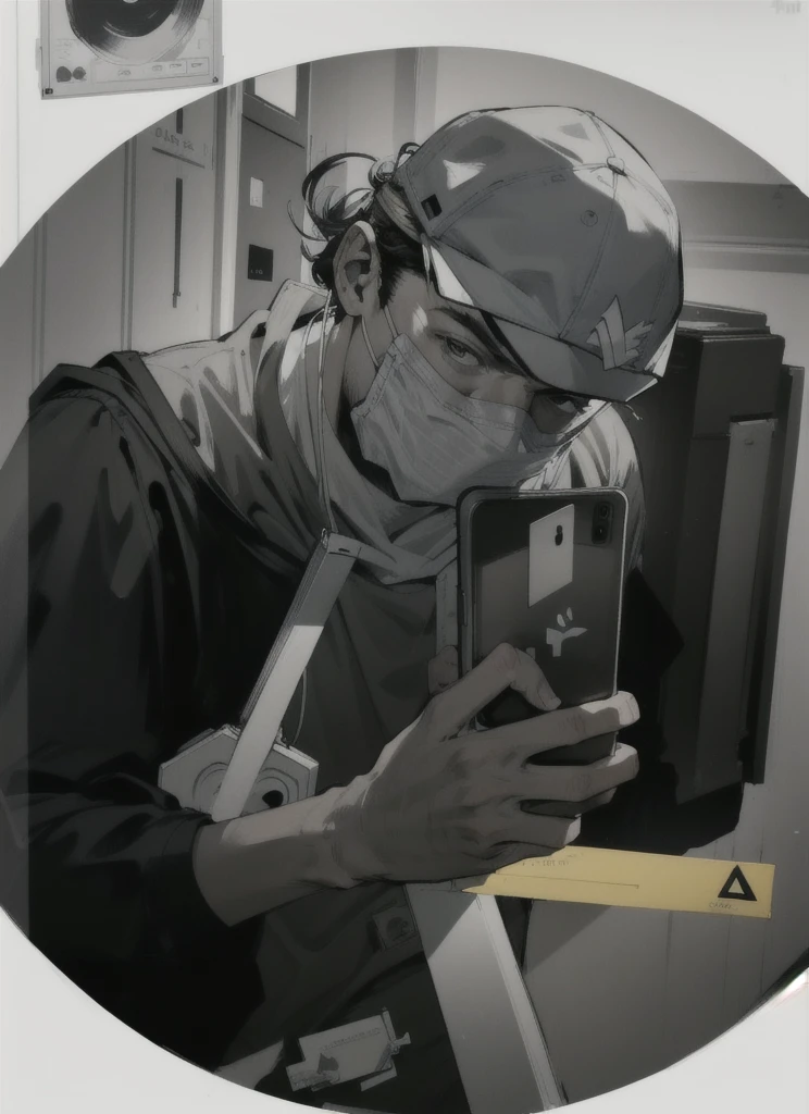 A picture of a boy wearing a cap and mask holding a mobile phone and taking pictures, Realistic portraits, look. Best Line Drawing, Clean flat lines, Black and white monochrome, Fine brush strokes. No color or shading. flat white background