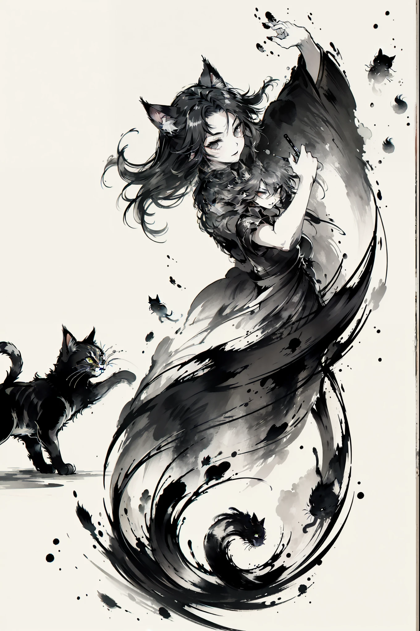 (最high quality:1.2, masterpiece:1.2, Best aesthetics), Black and White, Monochrome artwork, Ink Painting, (((1 girl and 1 cat))), Straight Long Hair, China dress, Vibrant, female curvy beauty, (With a cat:1.2), Expressing a sense of speed with ink splashes, (((Aggressive cat action:1.2, Kitten on the move:1.2, Front view))), high quality, (((Ink Painting))),