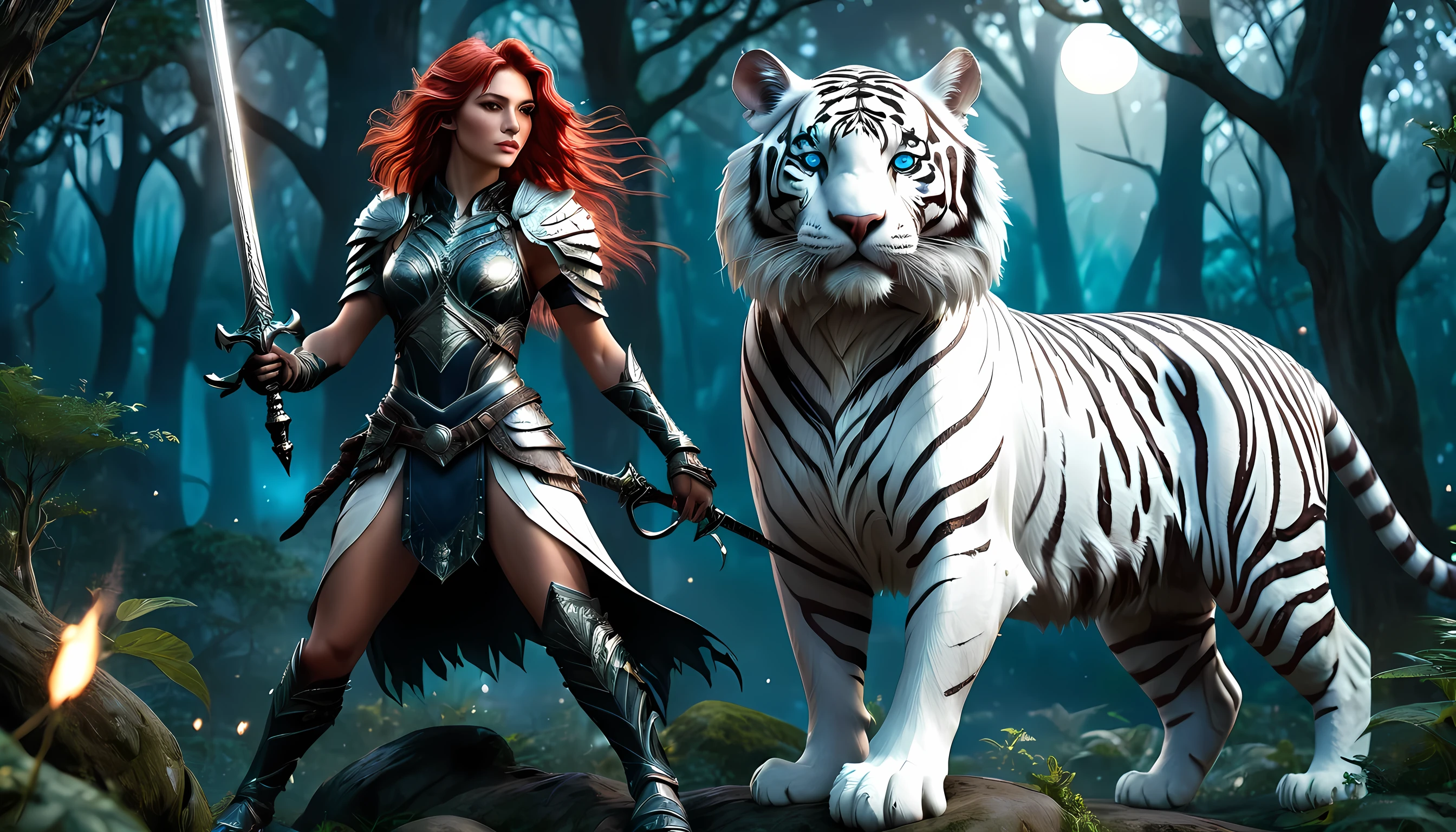 high details, best quality, 16k, [Ultra detailed], masterpiece,  best quality, (extremely detailed), dynamic angle, ultra wide shot, RAW, photorealistic, fantasy art, RPG art, realistic art, a wide angle picture of an epic female elf ranger and her pet (white tiger: 1.3),  warrior of nature, fighter of nature, full body, [[anatomically correct]] full body (intricate details, Masterpiece, best quality: 1.5) talking to an epic ((white tiger: 1.5)) (intricate details, Masterpiece, best quality: 1.6) armed with an epic magical sword  (intricate details, Masterpiece, best quality: 1.5) epic magical sword swordsman, glowing in blue light , in dark forest ( intricate details, Masterpiece, best quality: 1.4), a female beautiful epic drow wearing leather armor (intricate details, Masterpiece, best quality: 1.5), leather boots, thick hair, long hair, red hair, pale skin intense eyes, forest  background (intense details), moon light, stars light, clouds (intricate details, Masterpiece, best quality: 1.5), dynamic angle, (intricate details, Masterpiece, best quality: 1.3), high details, best quality, highres, ultra wide angle, ladyshadow, 