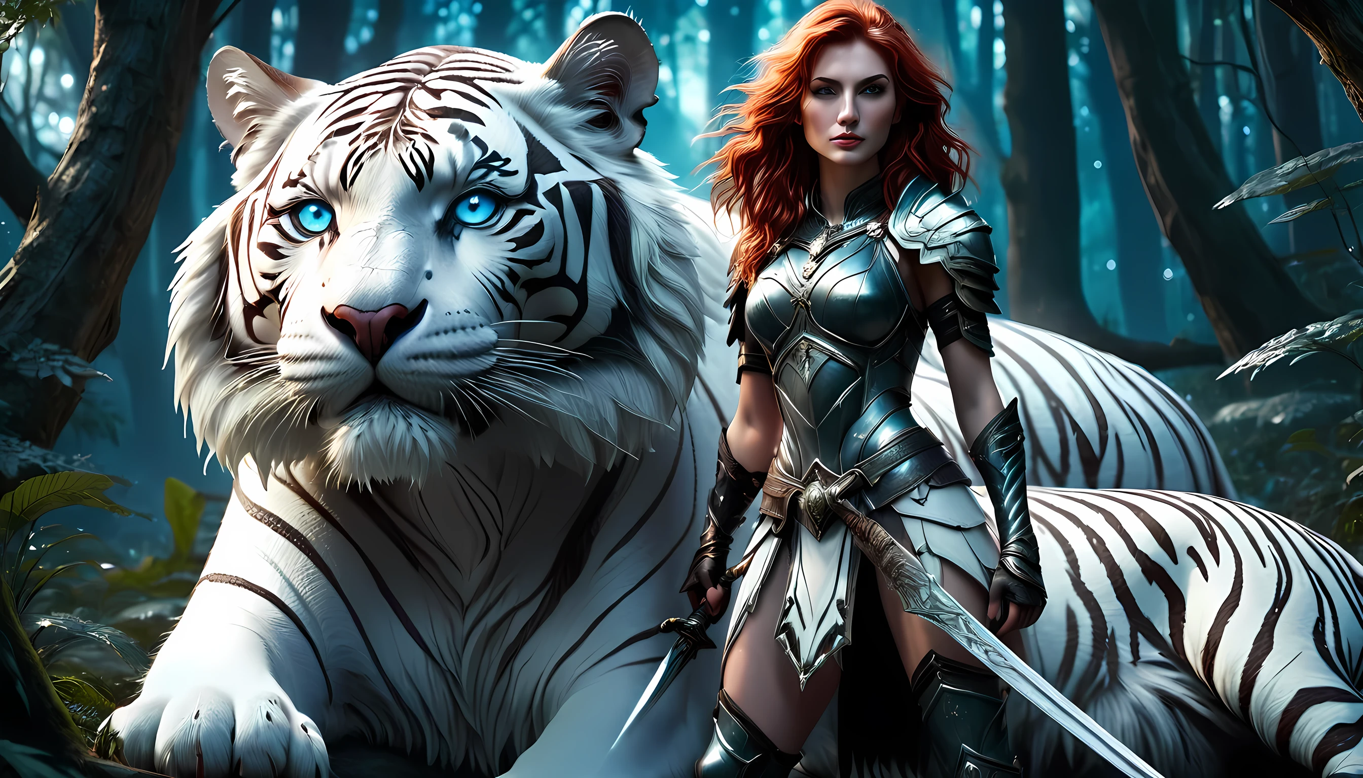 high details, best quality, 16k, [Ultra detailed], masterpiece,  best quality, (extremely detailed), dynamic angle, ultra wide shot, RAW, photorealistic, fantasy art, RPG art, realistic art, a wide angle picture of an epic female elf ranger and her pet (white tiger: 1.3),  warrior of nature, fighter of nature, full body, [[anatomically correct]] full body (intricate details, Masterpiece, best quality: 1.5) talking to an epic ((white tiger: 1.5)) (intricate details, Masterpiece, best quality: 1.6) armed with an epic magical sword  (intricate details, Masterpiece, best quality: 1.5) epic magical sword swordsman, glowing in blue light , in dark forest ( intricate details, Masterpiece, best quality: 1.4), a female beautiful epic drow wearing leather armor (intricate details, Masterpiece, best quality: 1.5), leather boots, thick hair, long hair, red hair, pale skin intense eyes, forest  background (intense details), moon light, stars light, clouds (intricate details, Masterpiece, best quality: 1.5), dynamic angle, (intricate details, Masterpiece, best quality: 1.3), high details, best quality, highres, ultra wide angle, ladyshadow, 