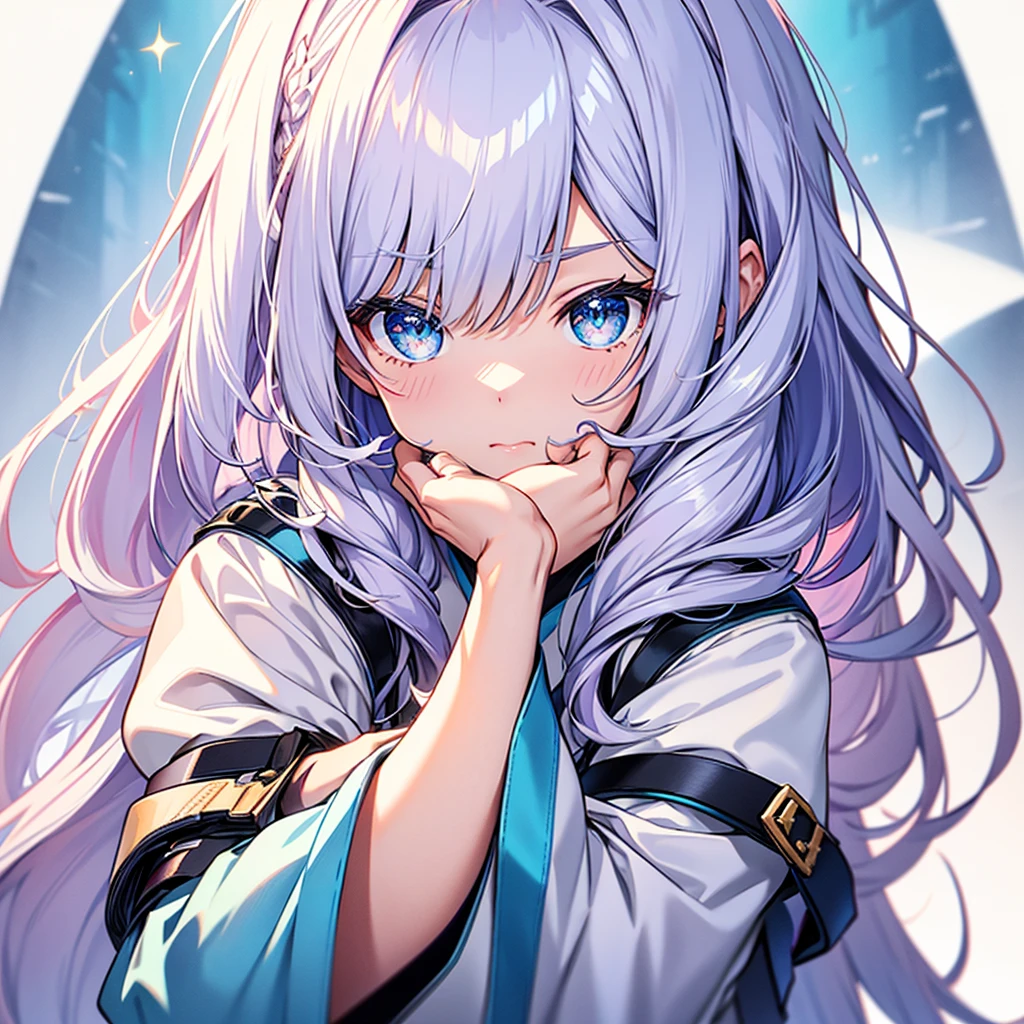 vtuber half body、Bangs shorter than eyebrows、highest quality、Best illustrations、Very detailed、Upper Body、alone、1 girl、Looking into the camera、upright、Place your arms at your sides、Beautiful fine details、Concept Art、from the front、White Background、Simple Background、Droopy and large eyes、Very detailedな眼、Sparkling, shining, white and blue gradient long hair、Short sleeve、water colored pencils、Kind Face、blush、Virtual YouTuber、