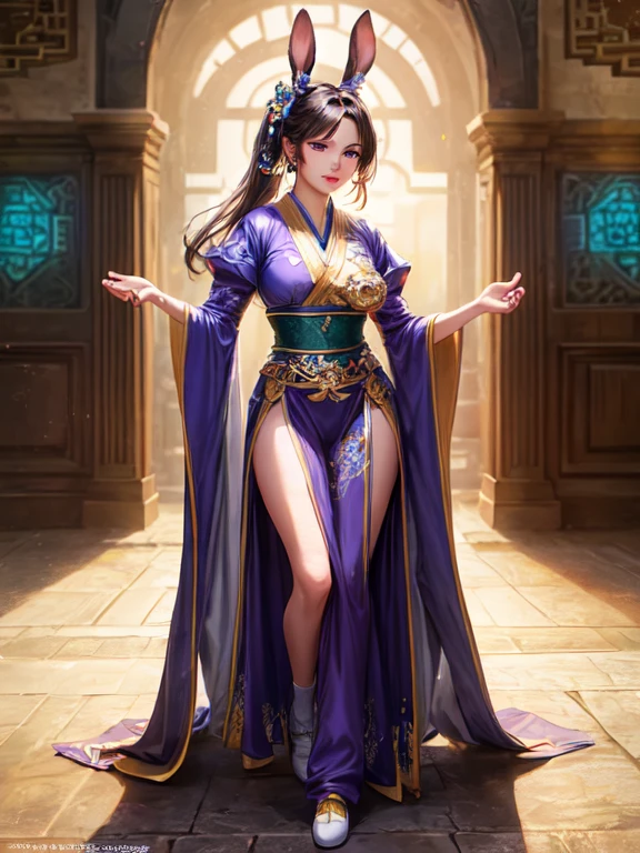 ((best quality)), ((masterpiece)), (detailed), Perfect face，Hanfu beauty, Thin purple silk shirt，White，Various textures, White蕾丝上衣, Platinum purple long ponytail, Hair accessories, earrings, light purple rabbit ears, Necklaces and necklaces, Carefully drawn large purple eyes, Detailed makeup, Thin eyebrows, high nose, Lovely red lips, No smile, purse lips, blush, broad mind, Large Breasts , Well-proportioned breasts, Slim waist, Purple fishnet socks, Chinese Hanfu style, Fictional art texture, Bright colors、Lifelike, original photo, Realistic photos, Ultra-high quality 8K hyper-realistic photos, (Effective fantasy lighting effects: 1.8), 10x pixel, Magic Effects (background): 1.8), super detailed eyes, Girl full body portrait, Solo Girl