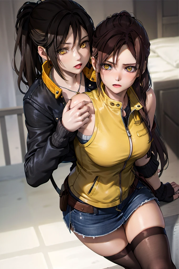 On the table, best quality, 1 Girl, (Claire Redfield), brown hair, (Yellow eyes:1.2),(sleeveless jacket)、((Denim Mini Skirt))、((Black knee socks))、((bedroom))、hair length、ponytail、((Knitted coat))