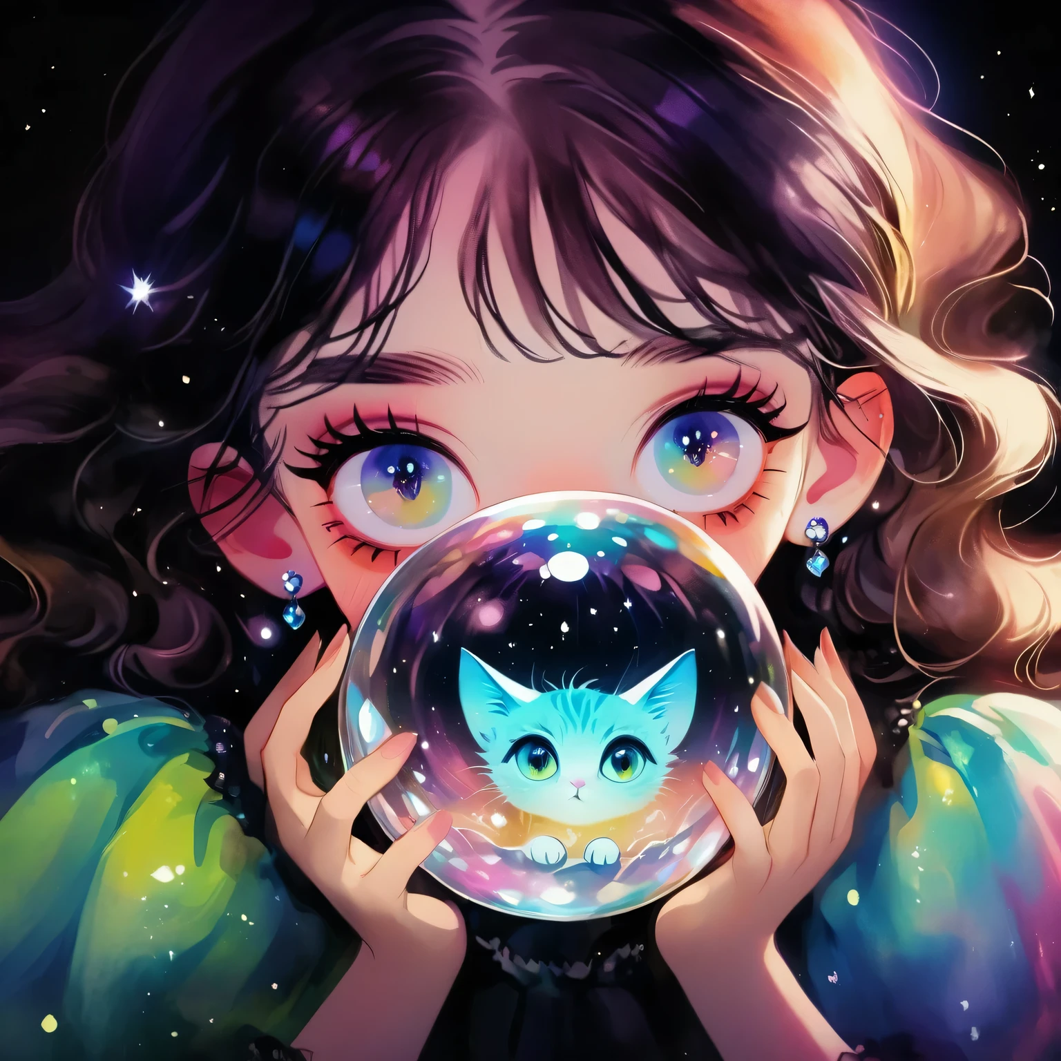 A young girl，A cat trapped in a crystal ball，Vivid colors，Dramatic lighting，Dreamy atmosphere，beautiful eyes，Long eyelashes，rough texture，Hand drawn style，