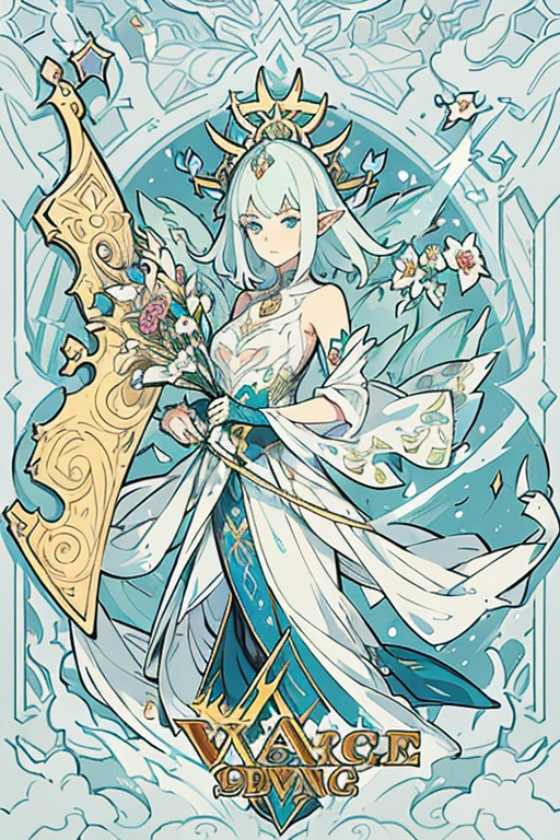 A gorgeous and beautiful tarot card of the Elf Warrior Queen, Fractal Magic, Illustrations in the style of Travis Charest, Ink Line Drawing, poster, Elle Fanning (Elle Fanning) model, CG Society, Fantasy Art, detailed illustration, mystery, Botanical masterpiece, detailed, Surrealism, Elements of Symbolism and Surrealism, Complex design, Intertwined, Beautiful woman, Flowers, Pastel.