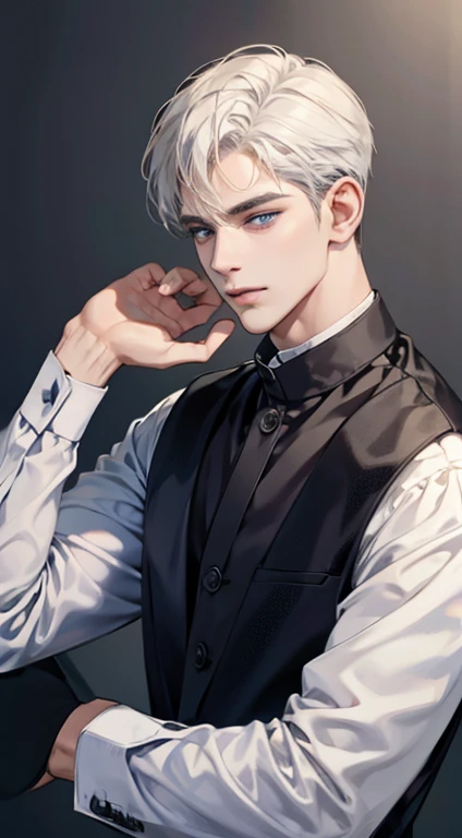 (best quality, masterpiece, 8K, photorealistic, cinematic lighting, 1:4 hdr image, top view, ultra detailed, beautiful image), a mature man, very handsome, short white hair, blue eyes, perfect face without errors , (CEO)