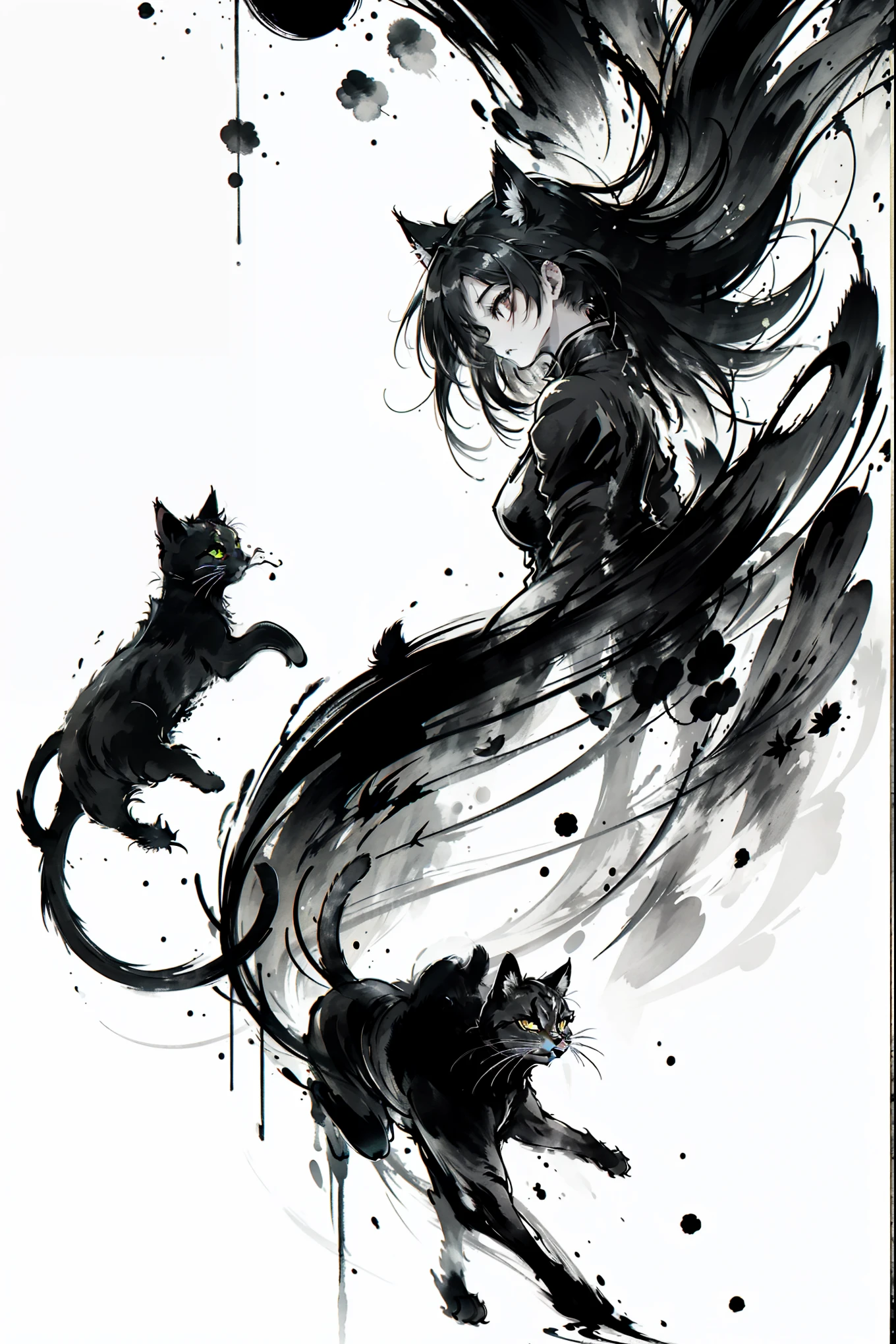 (8k, RAW Photos, 最high quality, masterpiece: 1.2), Black and White, Monochrome artwork, Ink Painting, (((1 girl and 1 cat))), Straight Long Hair, China dress, Vibrant, female curvy beauty, (With a cat:1.2), Expressing a sense of speed with ink splashes, (((Aggressive cat action:1.2, Kitten on the move:1.2, Front view))), high quality, (((Ink Painting))),