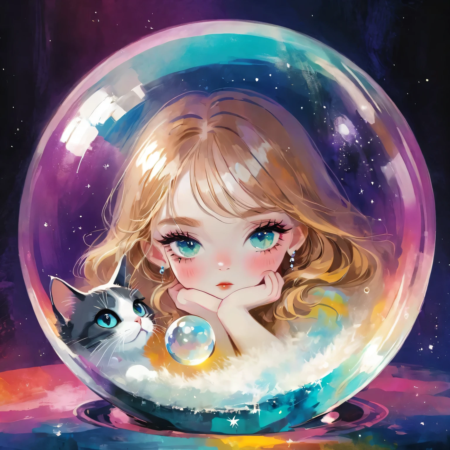 A young girl,A cat trapped in a crystal ball,Vivid colors,Dramatic lighting,Dreamy atmosphere,beautiful eyes,Long eyelashes,rough texture,Hand drawn style,