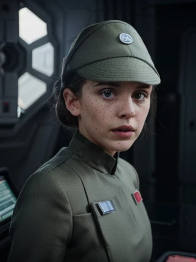 fashion photography of Maya Hawke in olive gray imperialofficer uniform and hat with brim, hair in small tight bun, smooth pale white skin little freckles, sci-fi Death Star control room, sharp focus, dlsr, ultra sharp, professional Photographer, film grain, very detailed skin texture, photorealistic, no makeup