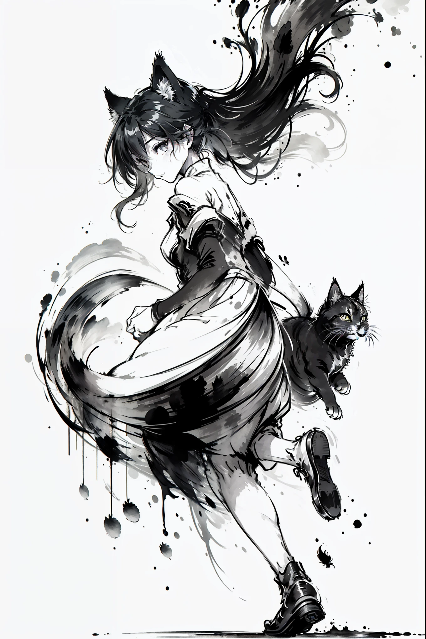 (8k, RAW Photos, 最high quality, masterpiece: 1.2), Black and White, Monochrome artwork, Ink Painting, (((1 girl and 1 cat))), Straight Long Hair, China dress, Vibrant, female curvy beauty, (With a cat:1.2), Expressing a sense of speed with ink splashes, (((Aggressive cat action:1.2, Kitten on the move:1.2, Front view))), high quality, (((Ink Painting))),