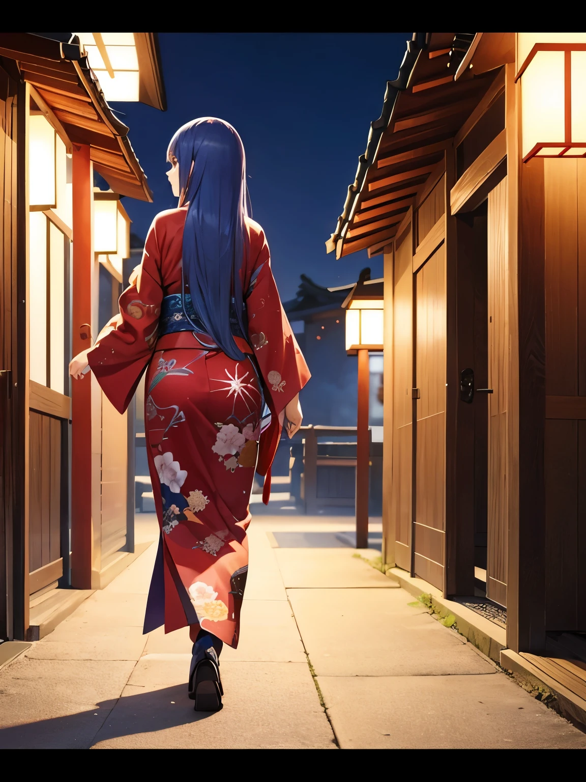 1 adult woman, long blue hair, straight hair, red eyes, red kimono, big breasts, walking facing right, camera angle from the side, photo from the side, looking away, at night, in a Japanese house