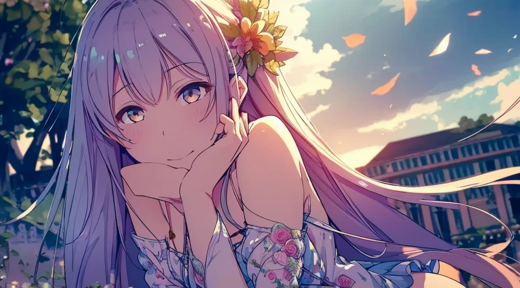 (highest quality,4K,8k,High resolution,masterpiece:1.2),Super detailed,(Realistic,photoRealistic,photo-Realistic:1.37),Portraiture,Beautiful fine details,Beautiful lip detail,Highly detailed eyes and face,Long eyelashes,超High resolution,Studio Lighting,Ultra-fine painting,Sharp focus,Physically Based Rendering,Very detailed explanation,Professional,Vibrant colors,Bokeh,landscape,colorful,Soft lighting,Mysterious,Happy,Joyful,Summer sunshine,Floral Dress,Flowing hair,Sunlit clouds,Romantic atmosphere,Smiling expression,easygoing,like,Romance
