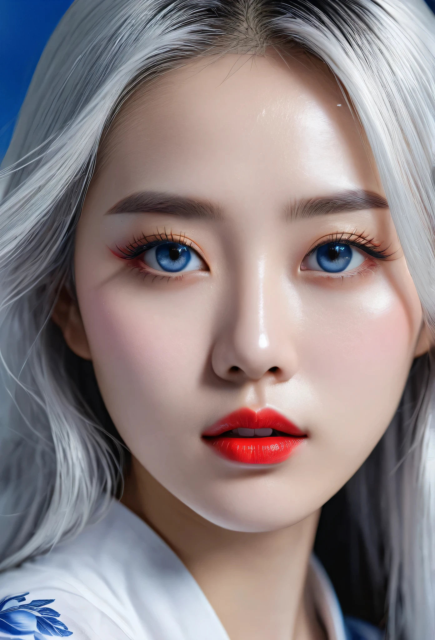 highest quality, blue and white porcelain t-shirt, standing, high detail, ultra high resolution, 8k resolution, master work, lighting, highlights, beauty, depth of field, wet, charming big eyes, shiny white eyes, silver and white shiny hair girl, face cloth macro lens, Chinese style girl face, exquisite red lips, eye shadow, 18k