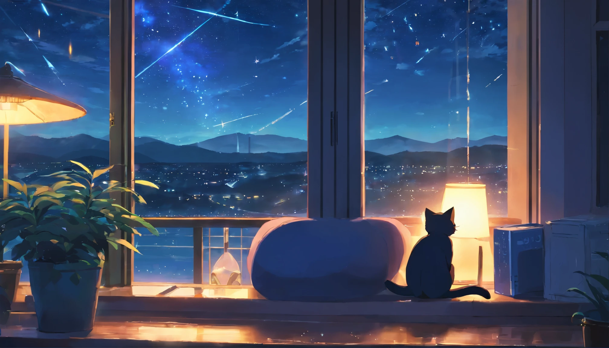 See what's happening nearby, window, window sill, Glass, It's raining outside, water on the Glass, Tone Blue, sorrow, dark, night, Starry Sky,Black kitten sleeping