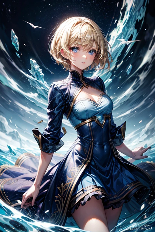 anime, young woman, solo, short hair, blonde hair, blue eyes, model, blue dress, beautiful, half body potrait, fantasy, ice