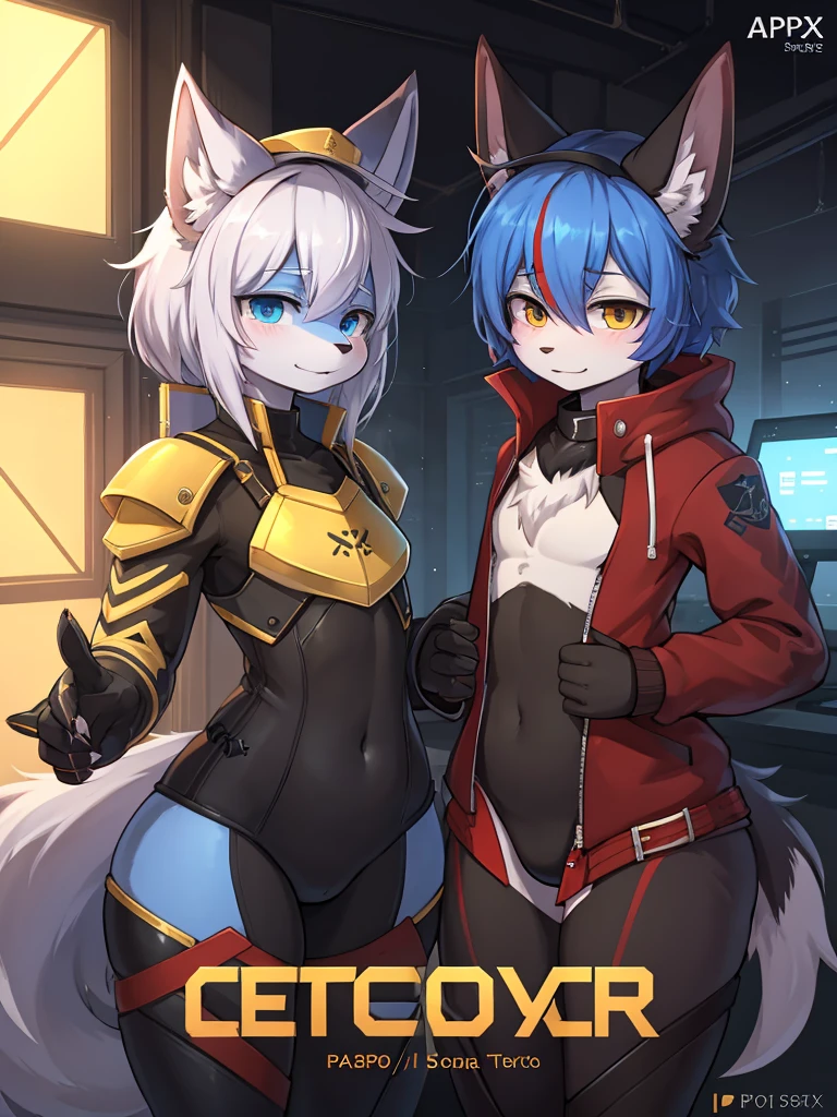 2girls, Doing anything, any pose, massive breasts and hips and butt, grey tabby, any outfit, undersized outfit, any eye colors [Hererochromia allowed], scifi rooftops, anyweapon, armed or unarmed, full face blush