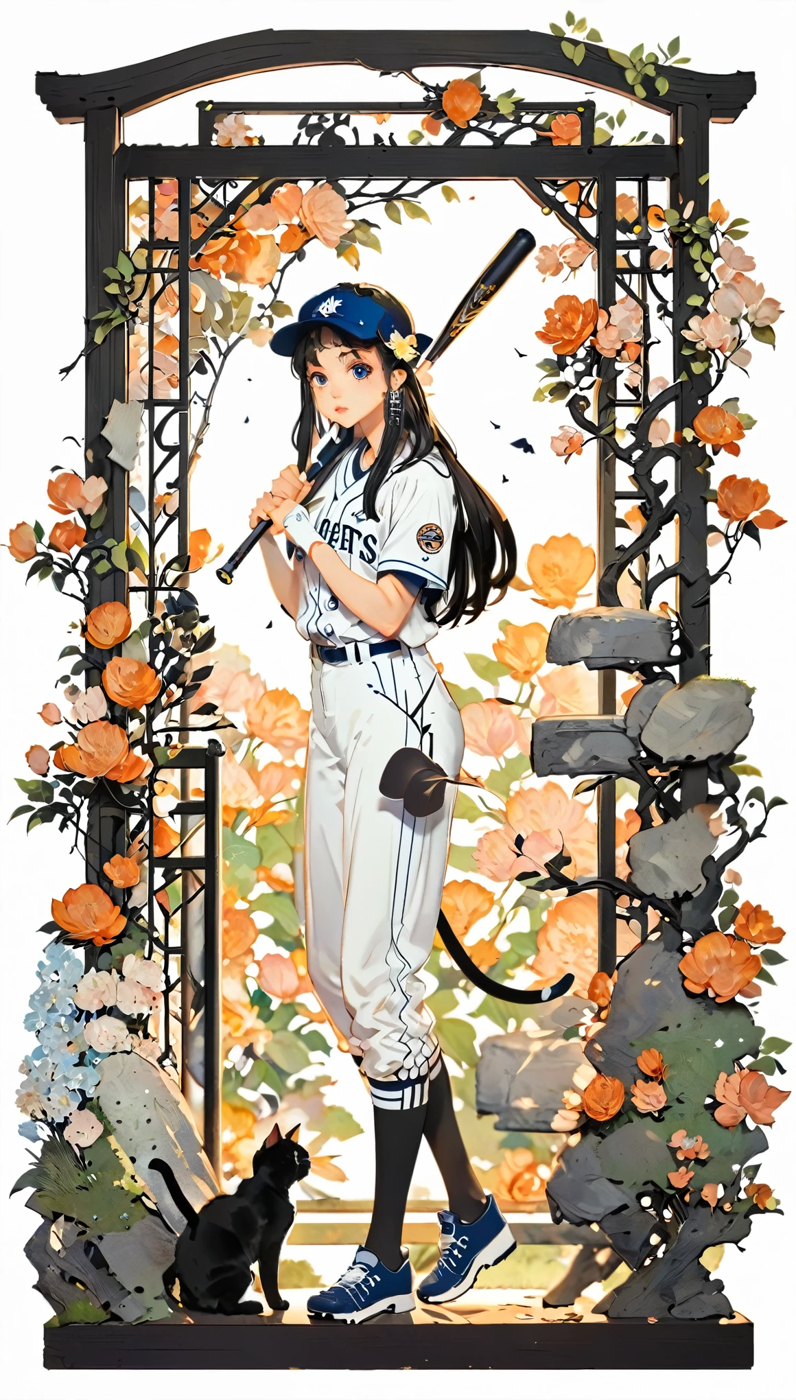 1 girl, black long hair, straight hair, baseball uniform, swing bat, full body, side view, cat next to her, paper cutting style