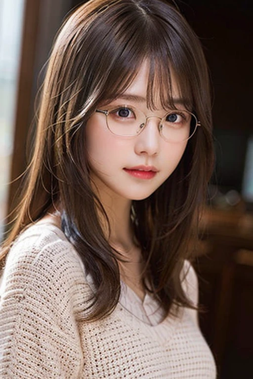 Masterpiece, highest quality, realistic, very detailed. Subtleties High resolution 8k wallpaper beautiful woman. Wearing shirt.At living room. Light brown messy hair. The perfect dynamic composition of beautiful and beautiful eyes gradually in 25 year old woman has a long light brown hairstyle with slight bangs.,Dress up and have a unique style. ,Light brown eyes and beautiful They are cute and fun playmates.,Wear glasses with a beautiful and modern design.,Beautiful, healthy, white-pink skin.,small mouth