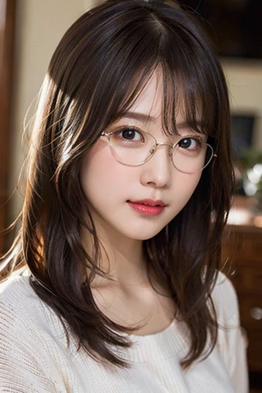 Masterpiece, highest quality, realistic, very detailed. Subtleties High resolution 8k wallpaper beautiful woman. Wearing shirt.At living room. Light brown messy hair. The perfect dynamic composition of beautiful and beautiful eyes gradually in 25 year old woman has a long light brown hairstyle with slight bangs.,Dress up and have a unique style. ,Light brown eyes and beautiful They are cute and fun playmates.,Wear glasses with a beautiful and modern design.,Beautiful, healthy, white-pink skin.,small mouth