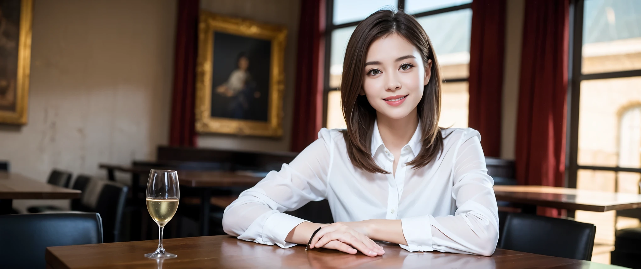 ((highest quality、8k、masterpiece:1.3))、LOVE,wineparty,1 male1 female、Couple、spouse、Couple、Slim body、((Bob Hale、Straight hair:1.2)), (Realistic, Intricate details:1.2), Wine glass on the table、Shine light on your face、 Amazing view of the sunset sky and clouds、Amazing mountain views、A bright smile、The wonderfulness of smile、Bright image、The beauty of wine, Beautiful Face, blue eyes, The light shines on your face, Blushing, short hair,Bright Face、 (Age 37), 39 years old, red wine 、Appetizers、Italian food、Wine bottle、Champagne、sparkling wine、Two beauties、Brown Hair、Shortcuts、Long sleeve shirt、dress、Pretty Woman 1, (Slim face), (The body is slim), (Brown Hair), (Shortcuts), cheeks turn a little red,Attractive beauty、restaurant, In a prominent place (From the waist up) Nova Frog Style, actress, model, Upper Body, White wine, slim, wine glass, Wine glass placed in the center, smile, (smile: 1.15), Beautiful fine grain, Depth f/2,saturation, High Contrast, Strong light and shadow,Moist Body:1.5、3D texture、Delicate eyes、Brown Hair、The hair is very shiny、