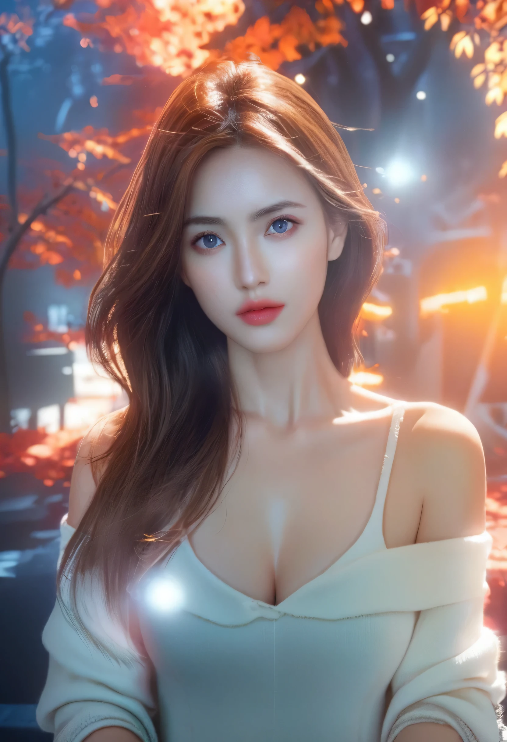 8K, masterpiece, RAW photos, best quality, realistic, extremely detailed CG unity 8K wallpaper, depth of field, cinematic light, lens flare, ray tracing, (very beautiful face, beautiful lips, beautiful eyes), A face with intricate details, ((highly detailed skin)) 1girl mid shot、Beautiful woman looking at camera、Chris Foss&#39;s off-the-shoulder sweater fall glow、street corner in autumn、Maple、summer city landscape background, split.