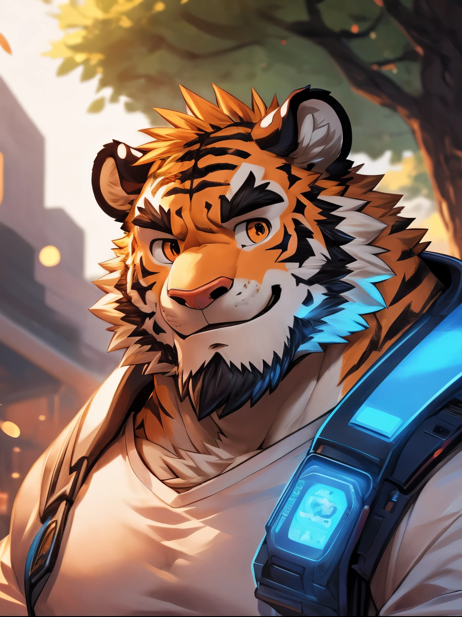Tiger Orc，（Robot Mimic Orc）male，18 years old，Living alone，((Round Face，Very plump face，Orange smart eyes，A small amount of beard，Cyberpunk characters))，((Strong body type，Handsome，vivid))，（（picture：9：16））（Orange blue casual clothing，Tiger logo，White sports cap with tiger logo)，((Domestic tiger，未来模拟Tiger Orc拟态人)Plush fur，hairy，Codes are constantly passing through my arm)，Bokeh，(high quality，High resolution ears，masterpiece)，(Static Lighting，Bright colors)，(Intelligence，Smile，Clothes are slightly wrinkled，Sit under a big tree to enjoy the cool)，(Face Focus)，Full body view(Close-up of face，Bottom view，full-body shot，Long-range shooting)，comics，author:Takemoto Arashi，You Zixiong，By Chunni，By Konggui，Cartoon，（background：Sit and rest under the tech tree 1.5）Blue technology tree of technology projection，The roots are lush and connect the entire underground，There are many flowers and plants created by technology around，background丰富
