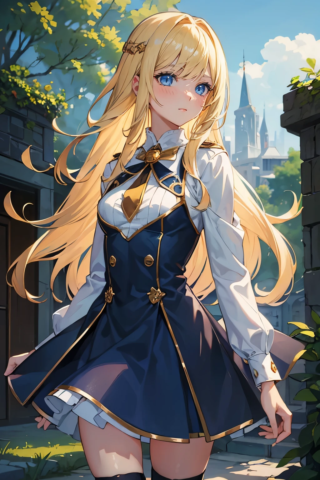 Safe for work, masterpiece, best quality, solo, 1 girl, facing forward, looking at camera,cowboyshot (young female body:1.4), ( medium small breasts), golden yellow hair, extra long hair, blunt bangs, crystal blue eyes, very detailed eyes, town background, griffin style uniform, shy smile, dark blue griffin style dress, tights, blue and white dress, white details