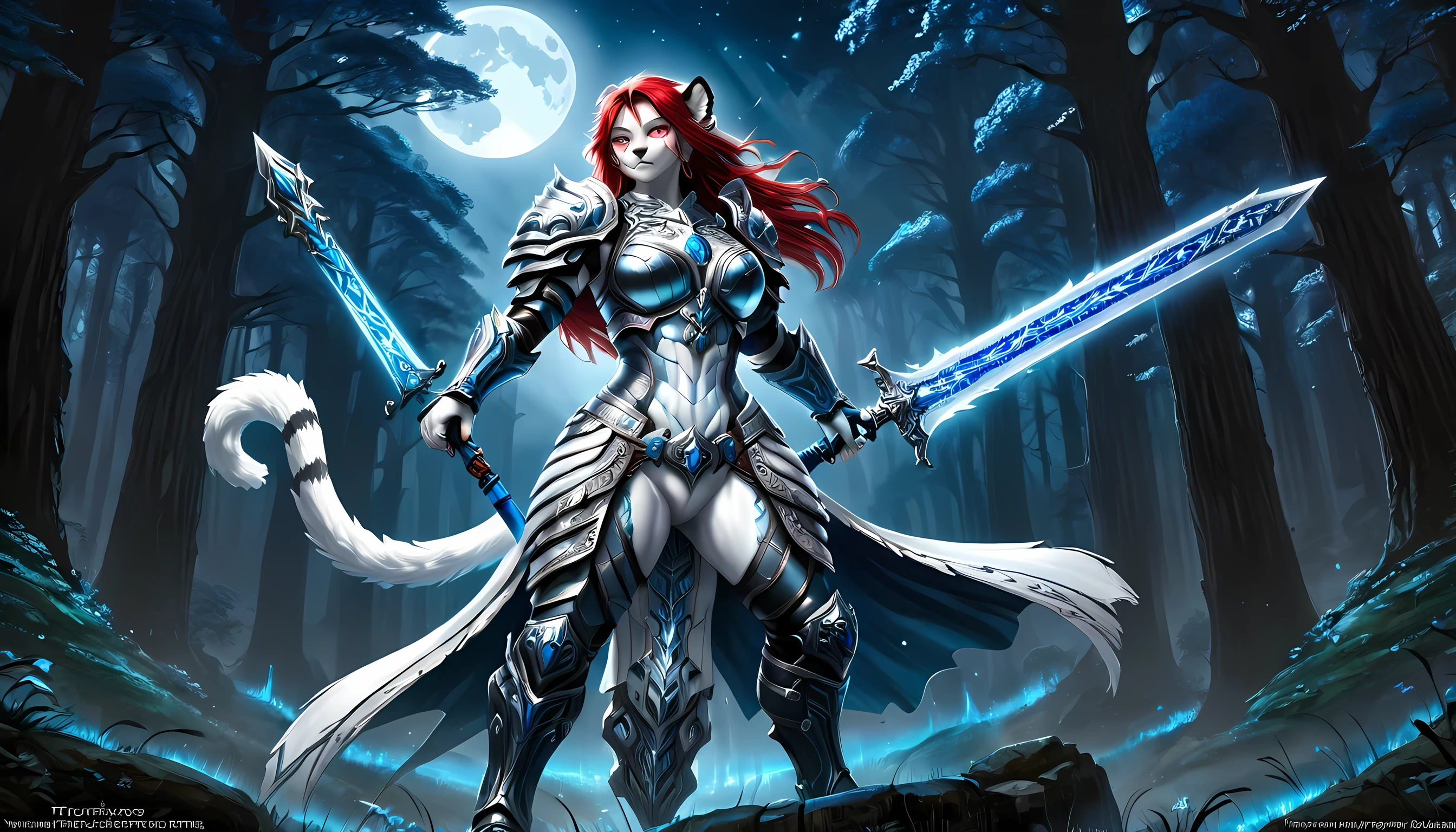 high details, best quality, 16k, [Ultra detailed], masterpiece,  best quality, (extremely detailed), dynamic angle, ultra wide shot, RAW, photorealistic, fantasy art, RPG art, realistic art, a wide angle picture of an epic female elf ranger and her pet (white tiger: 1.3),  warrior of nature, fighter of nature, full body, [[anatomically correct]] full body (intricate details, Masterpiece, best quality: 1.5) talking to an epic ((white tiger: 1.5)) (intricate details, Masterpiece, best quality: 1.6) armed with an epic magical sword  (intricate details, Masterpiece, best quality: 1.5) epic magical sword Wielding sword, glowing in blue light , in dark forest ( intricate details, Masterpiece, best quality: 1.4), a female beautiful epic drow wearing leather armor (intricate details, Masterpiece, best quality: 1.5), leather boots, thick hair, long hair, red hair, pale skin intense eyes, forest  background (intense details), moon light, stars light, clouds (intricate details, Masterpiece, best quality: 1.5), dynamic angle, (intricate details, Masterpiece, best quality: 1.3), high details, best quality, highres, ultra wide angle, ladyshadow, 