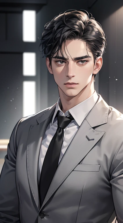 (best quality, masterpiece, 8K, photorealistic, cinematic lighting, hdr image, ultra detailed, beautiful image), 1 man, 31 years old, mature man, very handsome, (without expression, serious), short black hair, black eyes ( penetrating gaze), perfect face without errors, imposing posture, without errors, businessman, office background