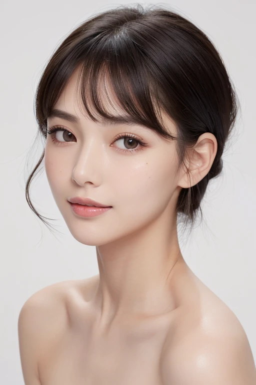 (Tabletop、Highest quality、8k、Award-winning works、Ultra-high resolution)、One Woman、(Face close-up:1.4)、Perfect beautiful face、(Closed lips:1.3)、(Pure white background:1.3)、(nude:1.2)、(Stand upright, facing straight ahead:1.2)
