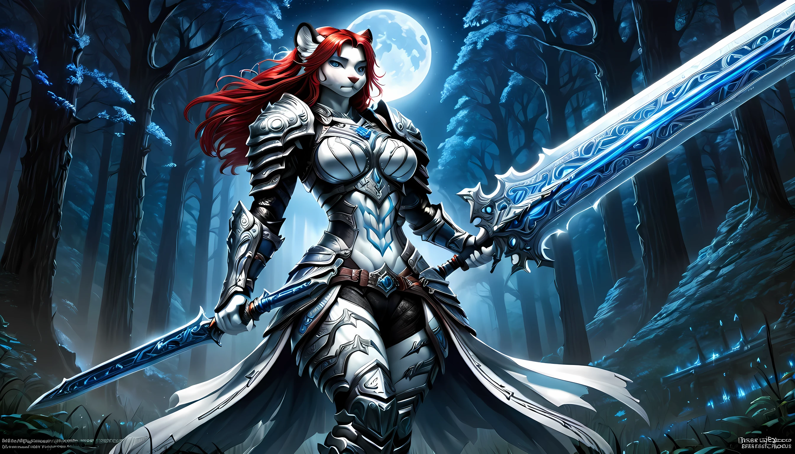 high details, best quality, 16k, [Ultra detailed], masterpiece,  best quality, (extremely detailed), dynamic angle, ultra wide shot, RAW, photorealistic, fantasy art, RPG art, realistic art, a wide angle picture of an epic female elf ranger and her pet (white tiger: 1.3),  warrior of nature, fighter of nature, full body, [[anatomically correct]] full body (intricate details, Masterpiece, best quality: 1.5) talking to an epic ((white tiger: 1.5)) (intricate details, Masterpiece, best quality: 1.6) armed with an epic magical sword  (intricate details, Masterpiece, best quality: 1.5) epic magical sword Wielding sword, glowing in blue light , in dark forest ( intricate details, Masterpiece, best quality: 1.4), a female beautiful epic drow wearing leather armor (intricate details, Masterpiece, best quality: 1.5), leather boots, thick hair, long hair, red hair, pale skin intense eyes, forest  background (intense details), moon light, stars light, clouds (intricate details, Masterpiece, best quality: 1.5), dynamic angle, (intricate details, Masterpiece, best quality: 1.3), high details, best quality, highres, ultra wide angle, ladyshadow, 