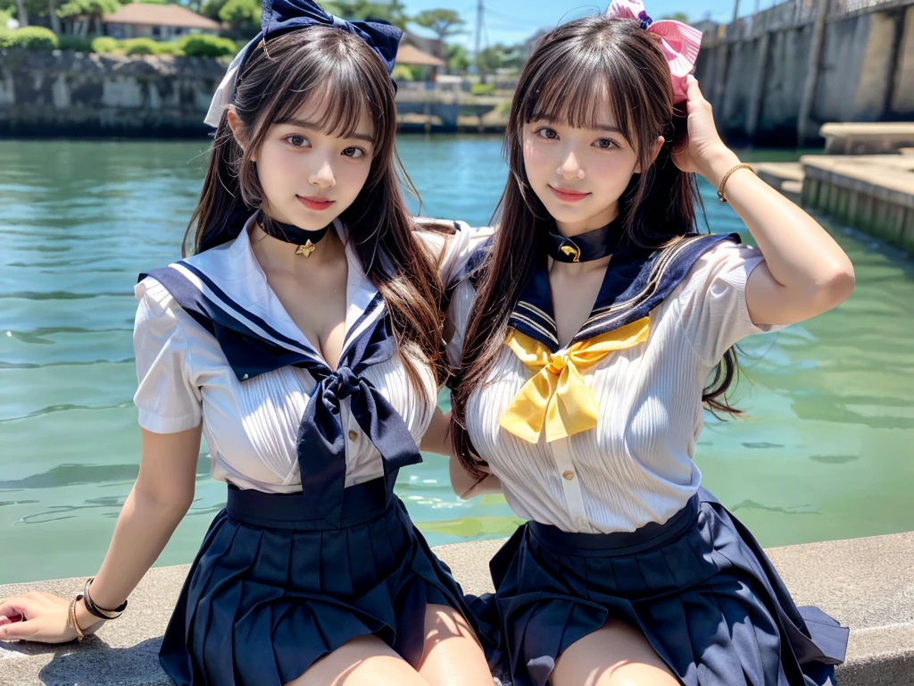(((very heavy chest))),NSFW, 16k raw photos, highest quality, masterpiece, ultra high resolution, ((She is wearing Beautiful exposed redShe is wearing (a high school sailor uniform).
(navy sailor collar:1.4),(white shirt:1.4),(navy pleats skirt:1.4),(navy bow:1.4))).movie, ((2 girls, , 2 schoolgirls)),((attractive expression)),eyes shine、 looking at the viewer, natural skin texture very heavy chest))),((( metal black ribbon around the neck))).star handle mold、((yellow eyes)),Realistic eye and face details, lip whole, lipstick makeup), fluffy ponytail hair, laughter, Beautiful feet, tall woman, ((glowing skin)),((Beautiful armpit)), slim_feet, huge breasts, cleavage, beautiful natural places, beautiful flower garden、(detailed background,highly exposed, huge breasts, blurred background,, JK ribbon on the neck, jk ribbon, golden hair, bracelet, water, bangs, split your lips、armpit、beautiful hip line、glowing skin、(((eyes shine brightly))),lotion skin、High leg、((black hair)),highly exposed、Skimpy pink luxury fur coat、beautiful sea background、wind effect、