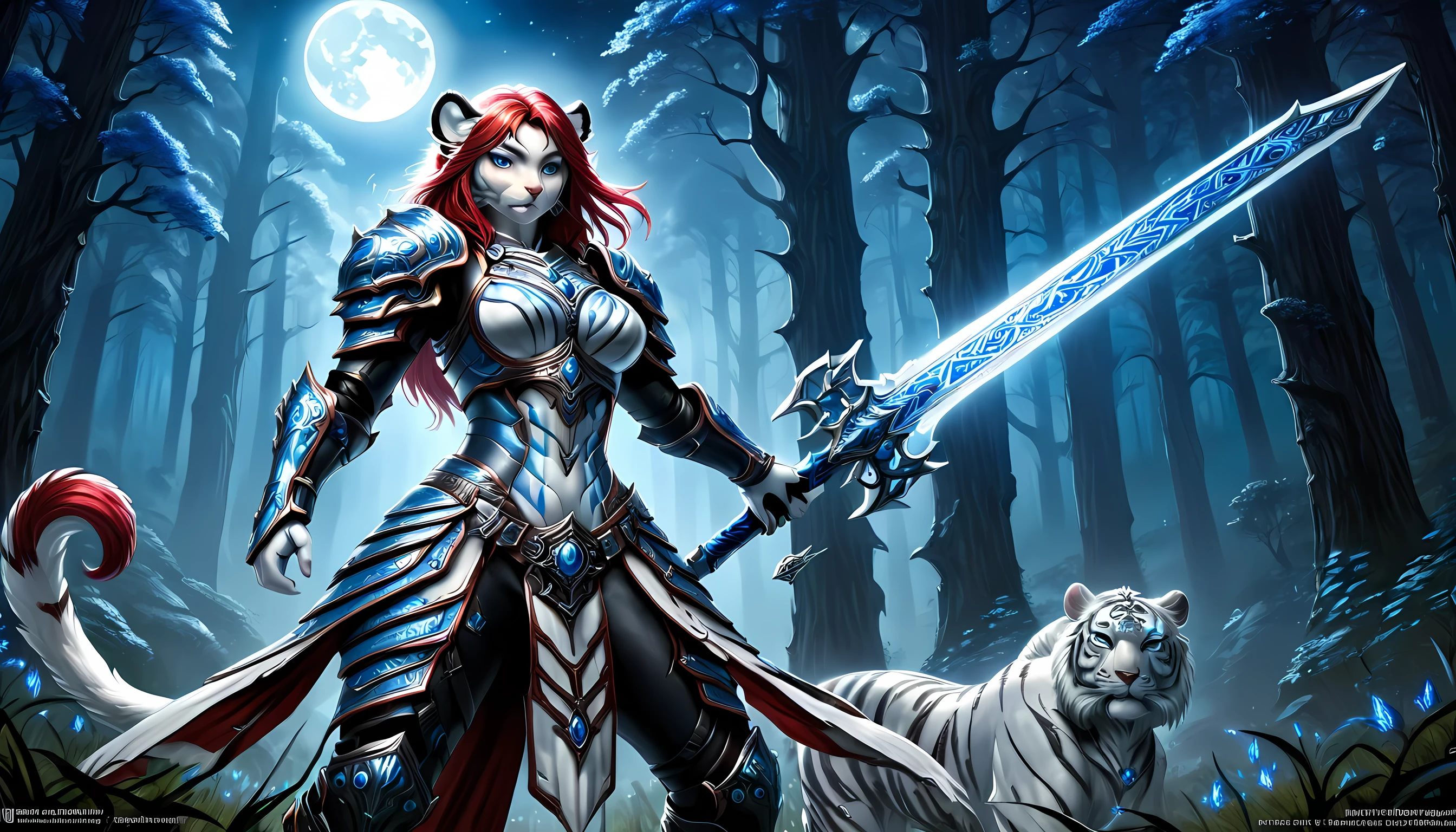 high details, best quality, 16k, [Ultra detailed], masterpiece,  best quality, (extremely detailed), dynamic angle, ultra wide shot, RAW, photorealistic, fantasy art, RPG art, realistic art, a wide angle picture of an epic female elf ranger and her pet (white tiger: 1.3),  warrior of nature, fighter of nature, full body, [[anatomically correct]] full body (intricate details, Masterpiece, best quality: 1.5) talking to an epic ((white tiger: 1.5)) (intricate details, Masterpiece, best quality: 1.6) armed with an epic magical sword  (intricate details, Masterpiece, best quality: 1.5) epic magical sword Wielding sword, glowing in blue light , in dark forest ( intricate details, Masterpiece, best quality: 1.4), a female beautiful epic drow wearing leather armor (intricate details, Masterpiece, best quality: 1.5), leather boots, thick hair, long hair, red hair, pale skin intense eyes, forest  background (intense details), moon light, stars light, clouds (intricate details, Masterpiece, best quality: 1.5), dynamic angle, (intricate details, Masterpiece, best quality: 1.3), high details, best quality, highres, ultra wide angle, ladyshadow, 