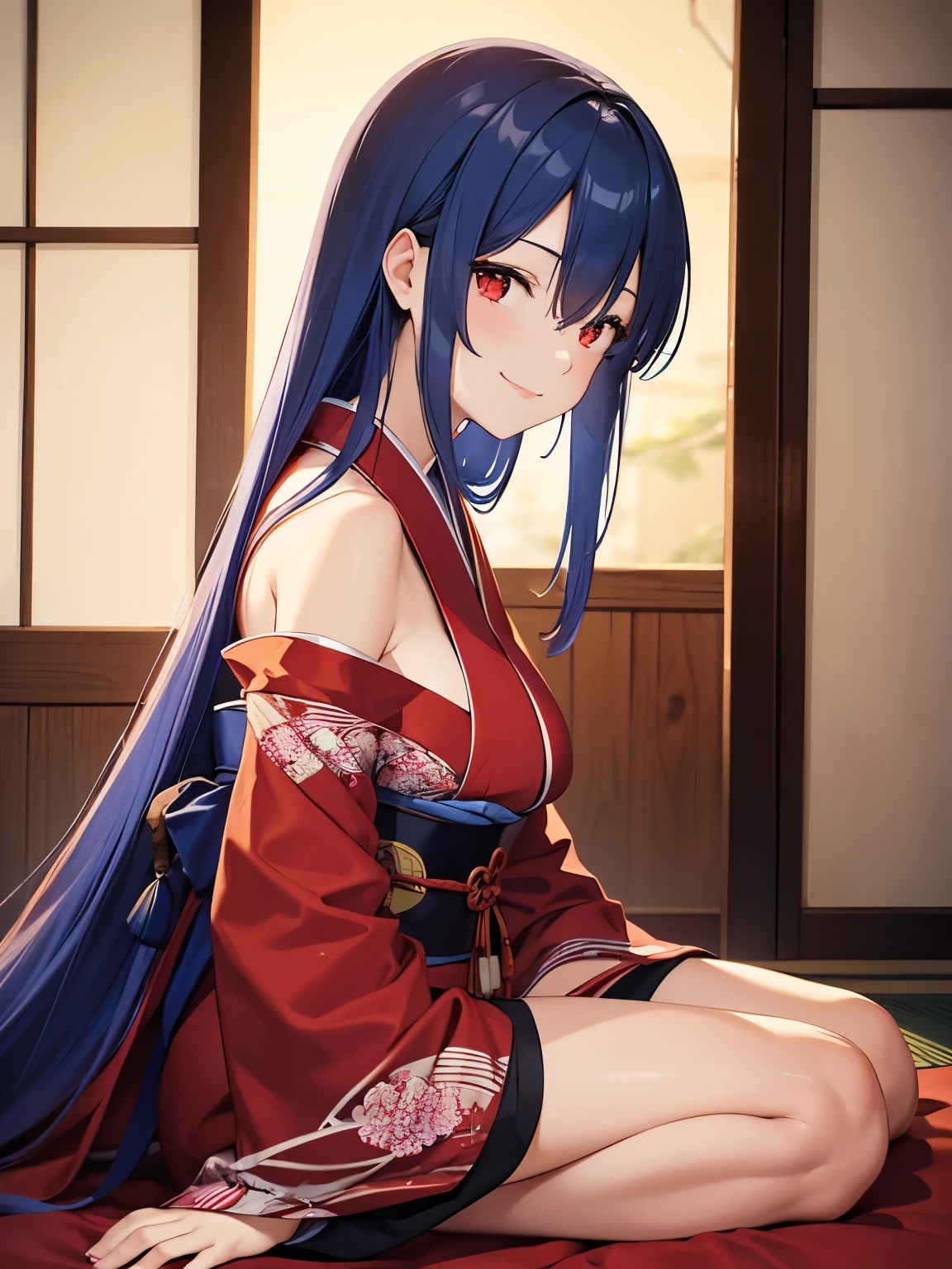 1 adult woman, long blue hair, straight hair,smile,at night, red eyes, red kimono, big breasts,sitting in Japanese bedroom,facing right, camera angle from the side, photo from the side,Looking away, looking away,looking away, at night, in a Japanese house,close up photo