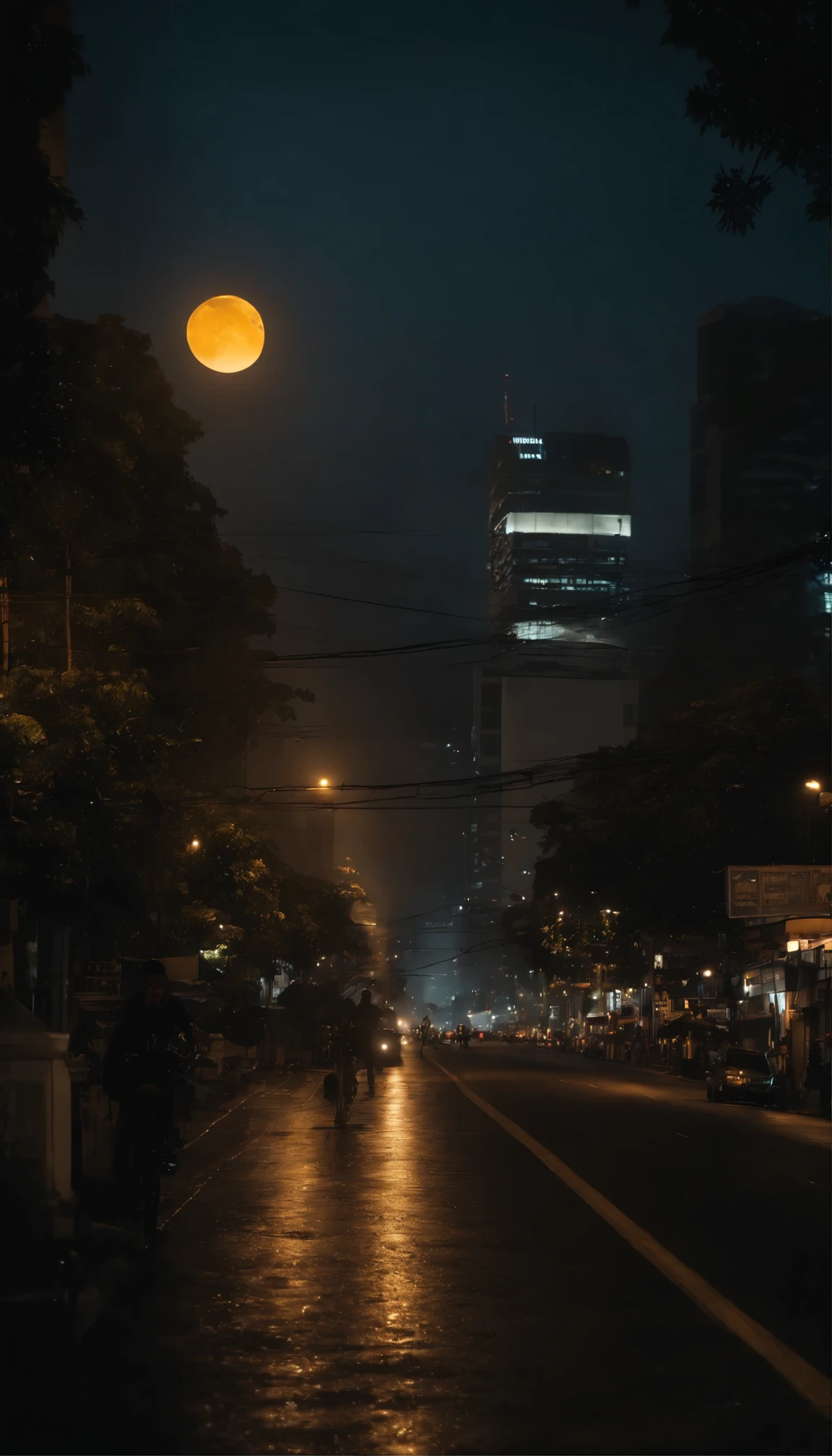 masterpiece, highest quality, approaching perfection, (perfect photo:1.1), (high detail:1.1), midnight, night, street lights, sidewalks, Jakarta city, moon