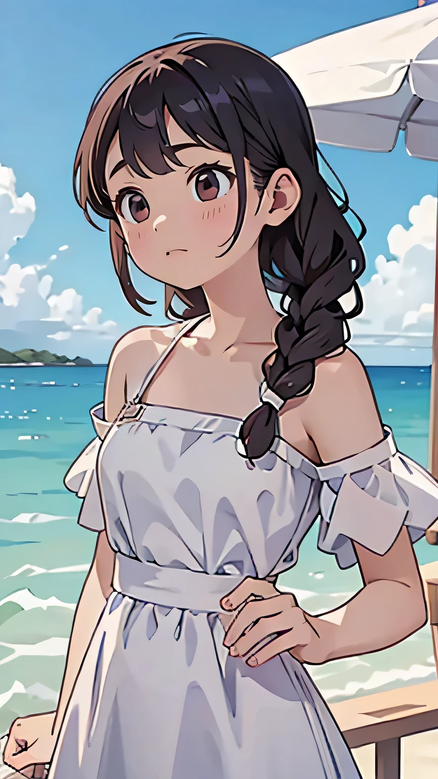 One girl,High resolution, high quality, masterpiece, mxmk white dress, Bare shoulders, Purple eyes, White Dress, Braiding, impact, Beach