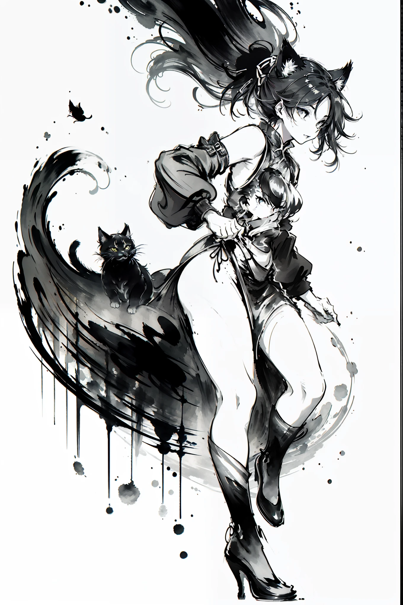 (8k, RAW Photos, 最high quality, masterpiece: 1.2), Black and White, Monochrome artwork, Ink Painting, (((1 girl and 1 cat))), Straight Long Hair, China dress, Vibrant, female curvy beauty, (With a cat:1.2), Expressing a sense of speed with ink splashes, (((Aggressive cat action:1.2, Kitten on the move:1.2, Front view))), high quality, (((Ink Painting))),