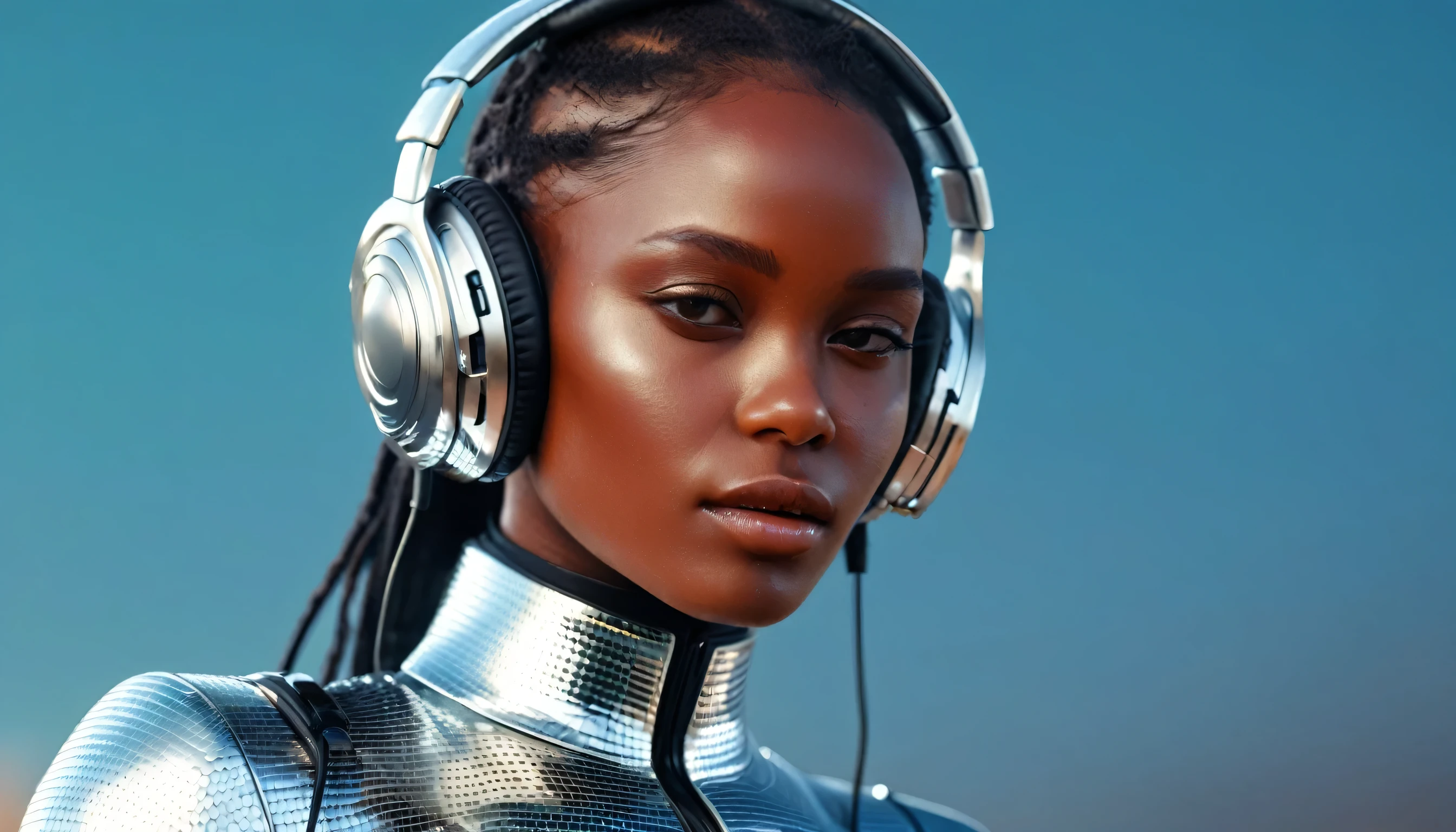 Two women. Singing and dancing on a stage. Theme is afro future retro. The women are dressed as  cyber Androids. Sexy high tech futuristic outfits, white. Outfits include helmets and boots. 