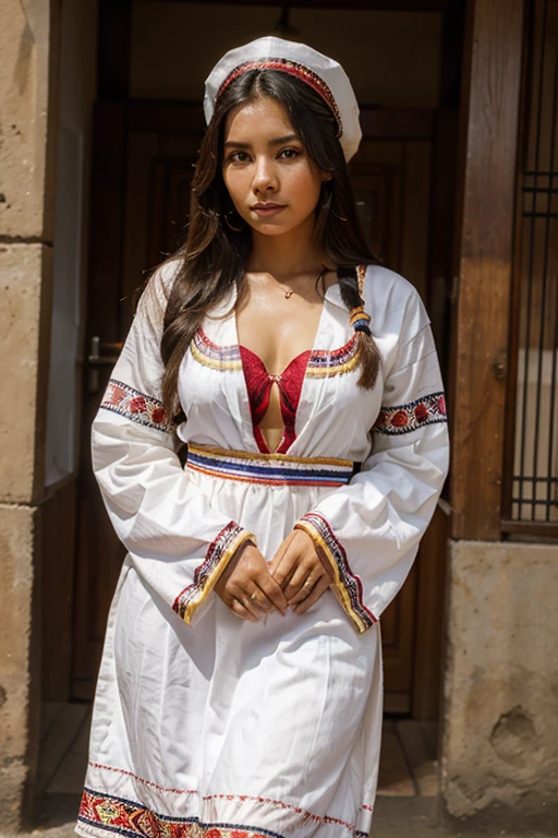 une femme mexicaine impressionnante, Sa personnalité rappelle le charme intemporel de la tradition mexicaine.. Ses yeux, plein d&#39;histoires, les yeux sont d&#39;une légère nuance de vert, dégageant de la sagesse avec une touche de malice. Ses lèvres, riche et rouge, reflètent la vitalité de la culture mexicaine. Ses cheveux, Aussi sombre et fluide que le ciel nocturne mexicain ,encadre ton visage. Vêtu d&#39;un costume traditionnel mexicain., Les couleurs vibrantes semblent refléter l&#39;esprit même du Mexique.. L&#39;environnement environnant présente un mélange de scènes de rue symboliques des fleurs.., bâtiments colorés, et le ciel bleu céleste