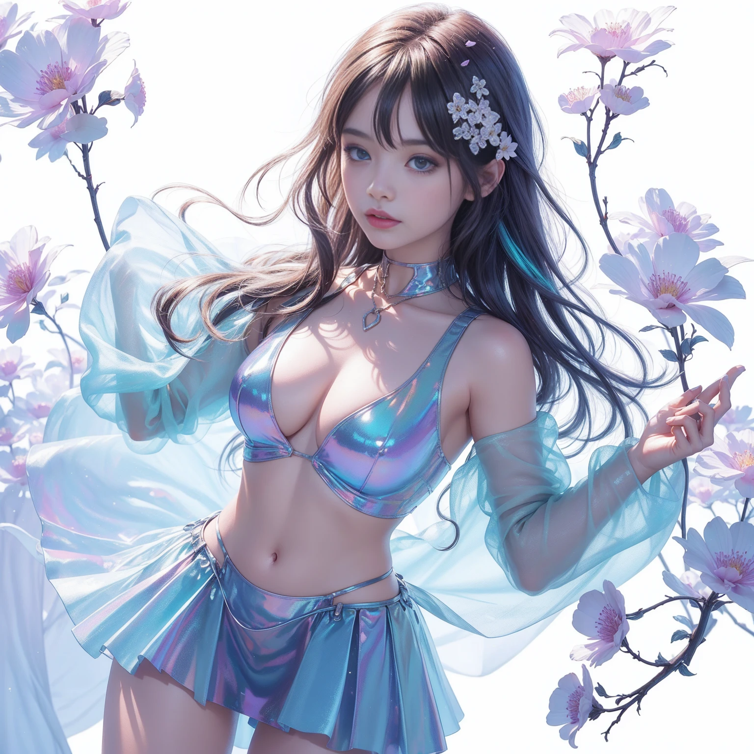 couple up with cryptic girl & explore dimensions, (((twin girl)),mini skirt,Iridescent colors,(Flower Fairy),(Rich colors),spring,Arthur effect, Transparent body, Gradient translucent glass melt, Caustics, Clear glass texture, Iridescent colors, design:Dietrams, Simple, Shining in every detail, White background, industrial design, Studio Lighting, c4d, OC Renderer, Beautiful shadows, 4K