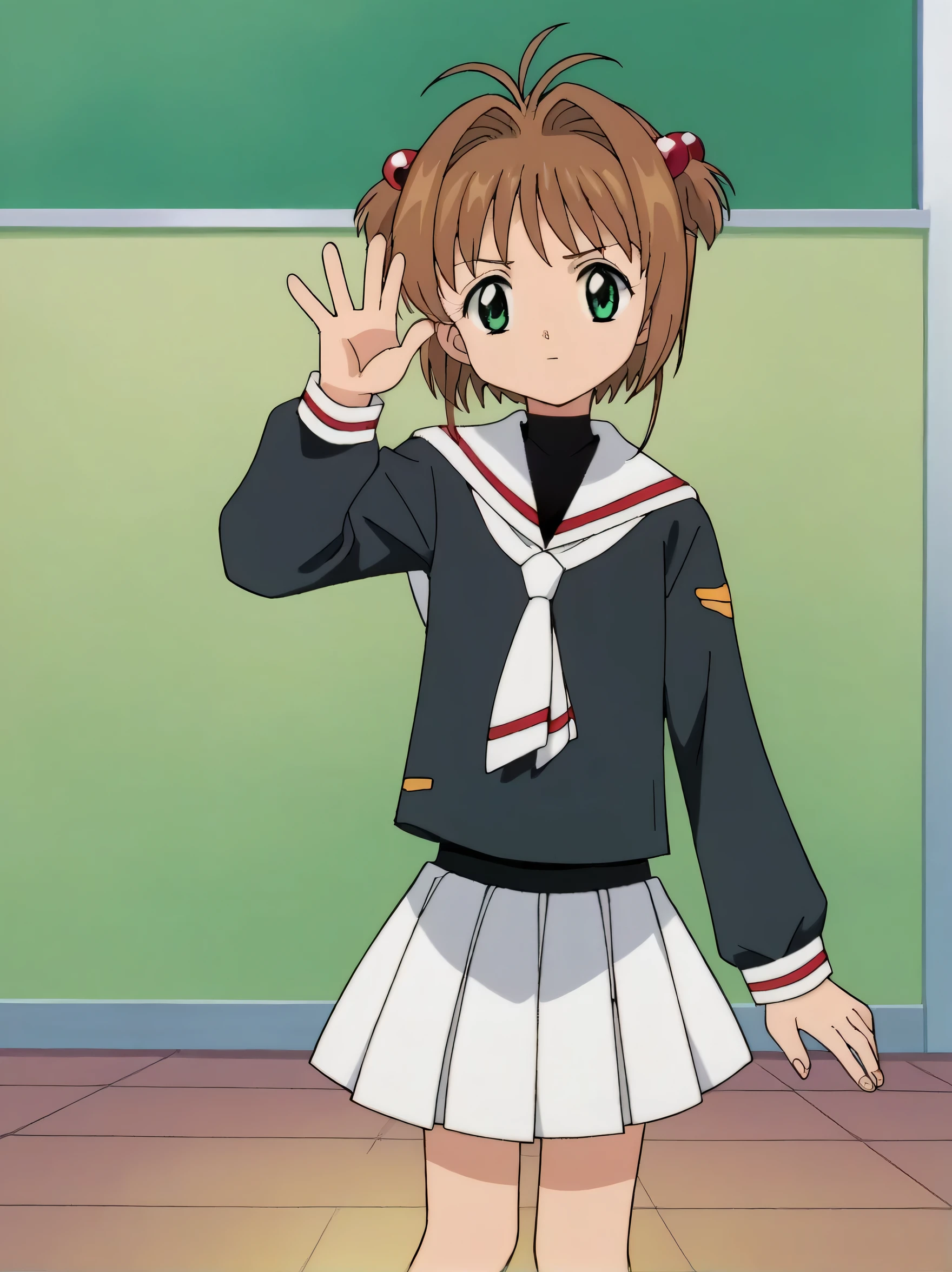 score_9, score_8_up, score_7_up, BREAK, source_anime
1girl, solo,(kinomoto sakura), brown hair, green eyel, short hair, antenna hair, flat chest
tomoeda elementary , skirt, , white skirt, sailor collar, pleated skirt, (black shirt:1.4), shirt, long sleeves, serafuku, idle, standing, looking at viewer