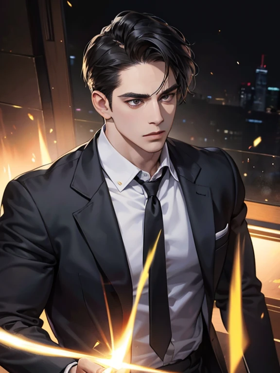 (best quality, masterpiece, 8K, photorealistic, cinematic lighting, hdr image, ultra detailed, beautiful image), 1 man, 31 years old, mature man, very handsome, (without expression, serious), short black hair, black eyes ( penetrating gaze), imposing posture, businessman, office background