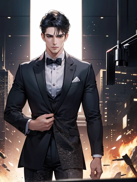 (best quality, masterpiece, 8K, photorealistic, cinematic lighting, hdr image, ultra detailed, beautiful image), 1 man, 31 years old, mature man, very handsome, (without expression, serious), short black hair, black eyes ( penetrating gaze), imposing posture, businessman, office background