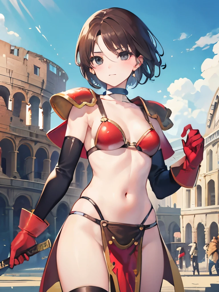 masterpiece,best quality,1 girl,brown hair,short hair,parted bangs,(red tassets),Red shoulder armor,elbow gloves,black eyes,warrior,fantasy,sword,choker,navel,dragon quest,Colosseum,cowboy shot,