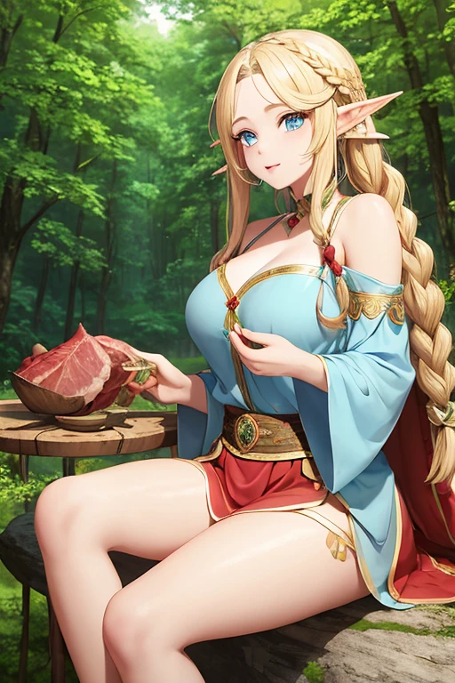 A beautiful elf princess with long braided blonde hair, elf ears, blue eyes, thin lips, round face, medium breasts, wearing a torn red tunic, eating a very large piece of boar meat, sitting on a rock, in the forest setting , expressive and funny scene (SFW)