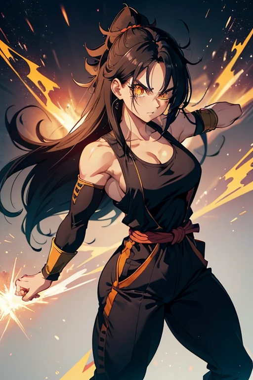 1, SAIYAN woman. saiyan. Black, long straight hair, with small brown blemish/highlight. Kind but fierce, soft facial look. Ki blast in hand. Thick BUT- slim. Athletically toned, muscley. Thick. Wearing full saiyan clothes/ full Gi. Wearing full cover Gi. Undersleeve/suit. Trousers. Top.