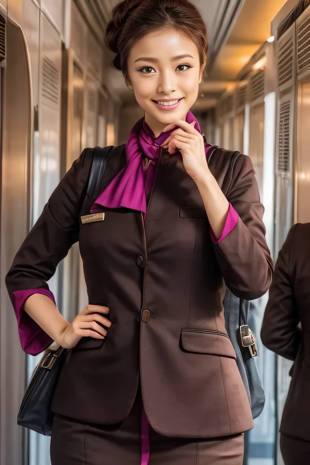 (masterpiece:1.2、highest quality:1.2)、32K HDR、High resolution、(alone、1 girl、Slim figure)、(A realistic reproduction of the ETIHAD Airways Cabincrew Uniform)、 (On board, Professional Lighting)、A proper woman, Beautiful Face,、(Long sleeve ETIHAD Airways Cabincrew Uniform)、(ETIHAD Airways Cabincrew Uniform skirt with purple stripe on the front)、(scarf on chest)、Big Breasts、(Long Hair Up、Hair Bun)、Dark brown hair、Long Shot、((Great hands:2.0))、((Harmonious body proportions:1.5))、((Normal limbs:2.0))、((Normal finger:2.0))、((Delicate eyes:2.0))、((Normal eyes:2.0)))、Beautiful standing posture、smile、Hands folded underneath