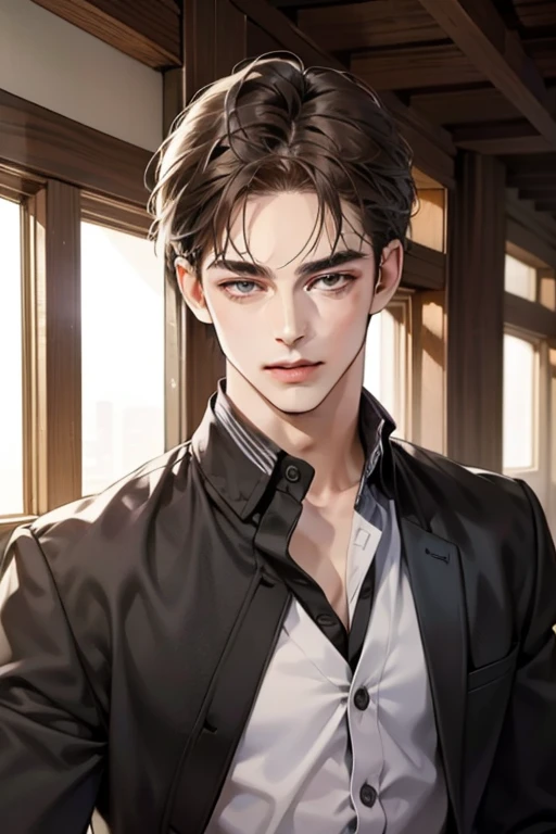 masterpiece, best quality, realistic, 1man, mature male, quiet and charming young man, 25 year old, a smirk, closed mouth, portrait, extremely detailed face, cold smile, ((dark grey eyes)), ((short-right-swept dark brown hair)), [thick eyebrows], ((suit)), handsome, distant shot, western, Jewish, light brown skin